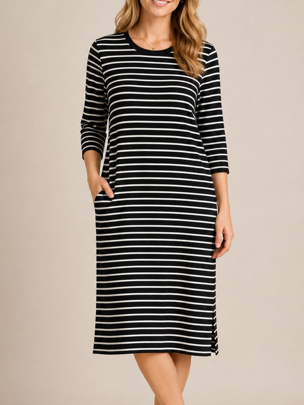 Joie Striped Midi T-Shirt Dress Black White Cotton Stretch Long Sleeve Large